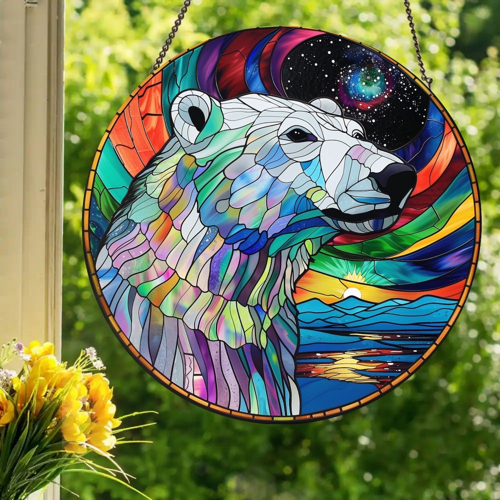 Borealis Polar Bear Stained Glass Style Wall Or Window Hanging