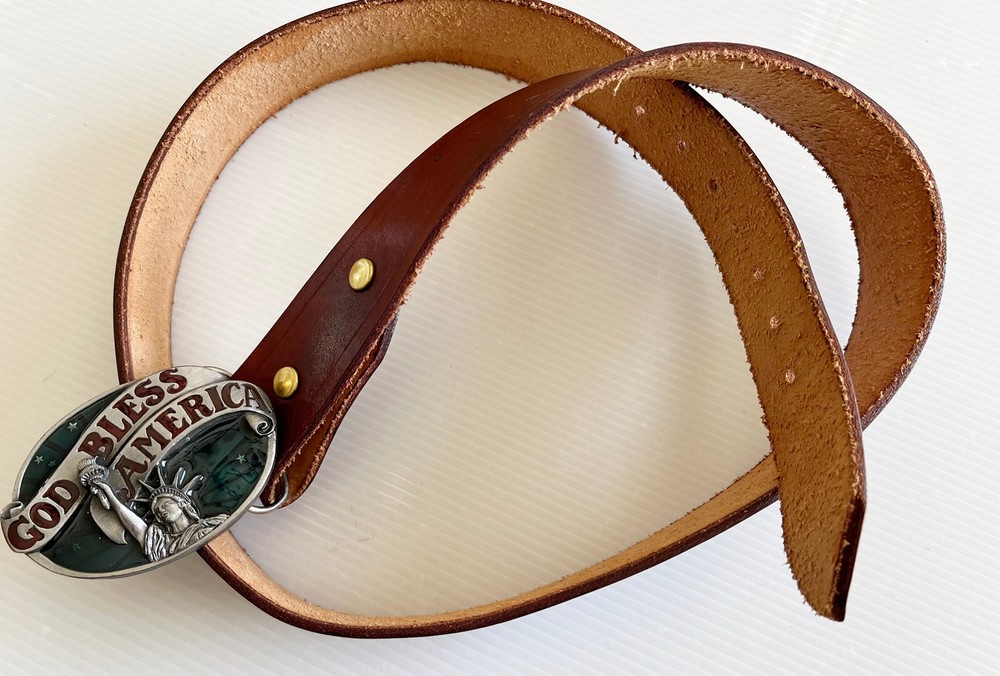 Vintage Leather Belt with God Bless America 3D Belt Buckle Sz 38 Siskiyou 1986