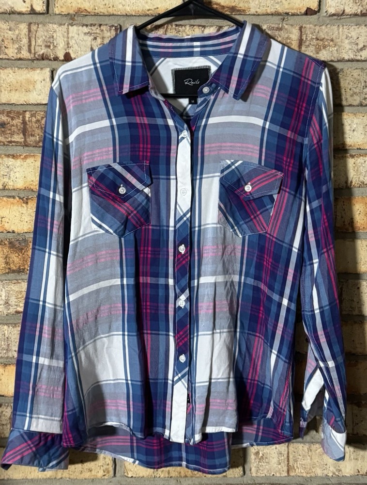Rails Plaid Cotton Button-Down Shirt Blue Pink White Long Sleeve M