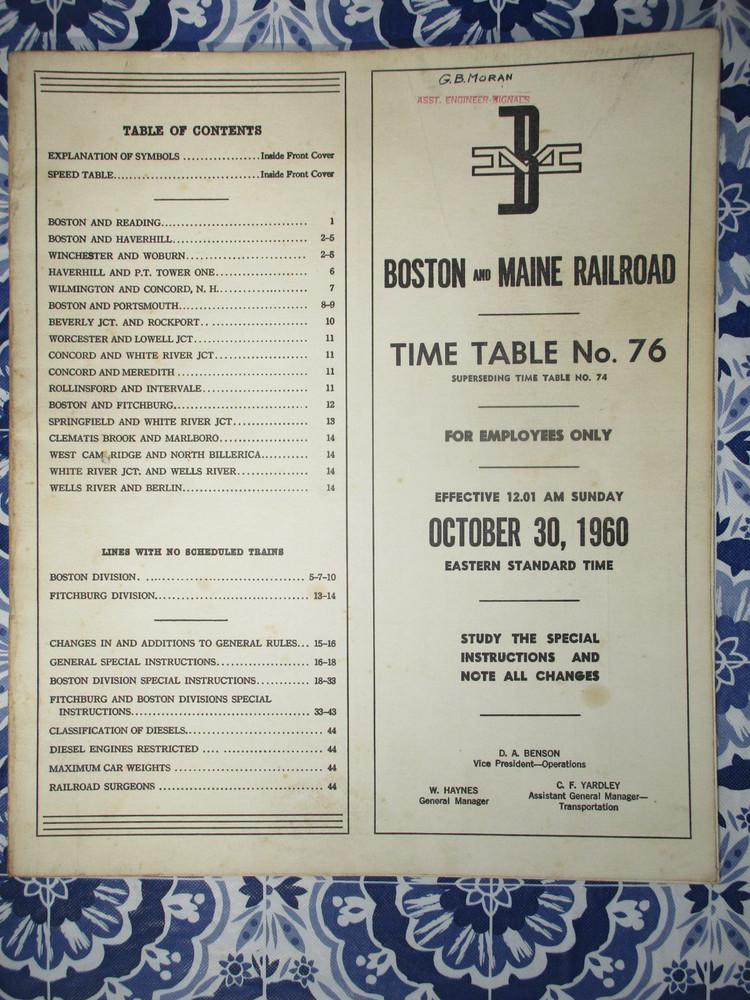 Boston and Maine Railroad Time Table No.76 For 10-30-1960