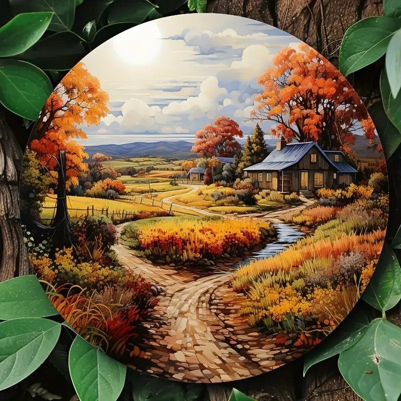 Autumn Countryside Scenery Round Metal Wall Art Vibrant Colors