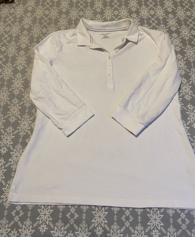 Laura Scott Women's White Cotton Collared 3/4 Sleeve Button Up Shirt Size M