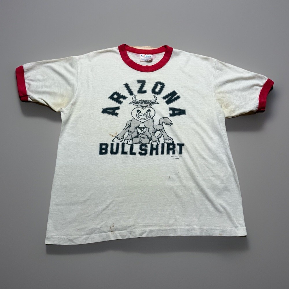 Vintage 80s 1982 Arizona Bullshirt Bull Funny Cartoon Ringer Shirt Size Large