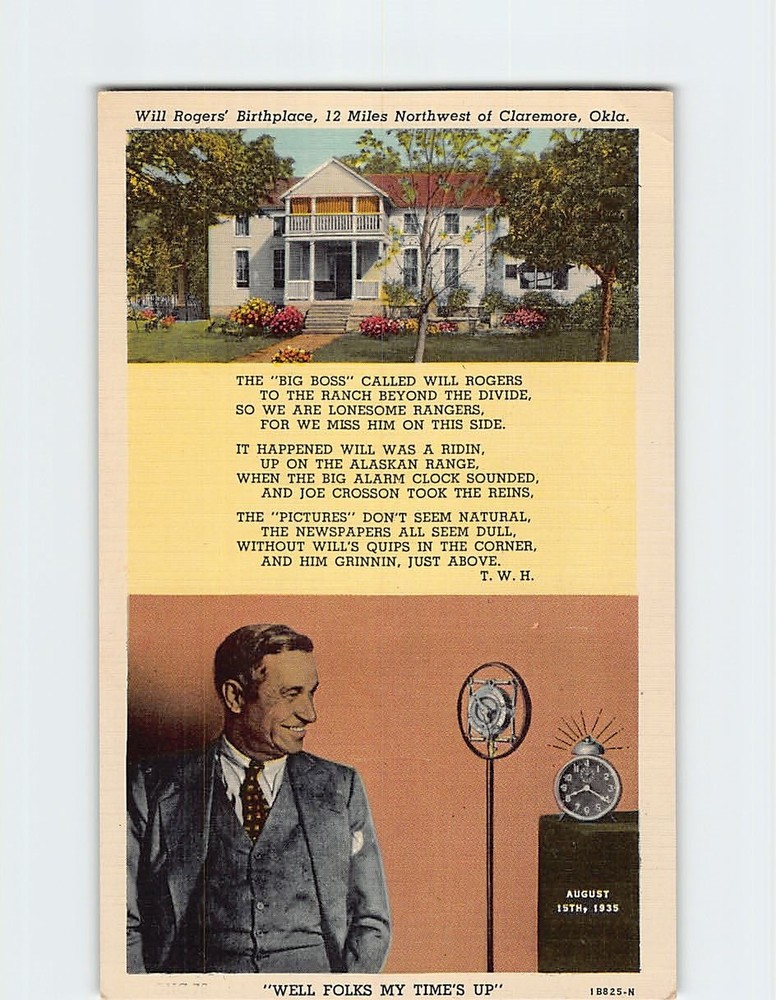 Postcard Will Rogers's Birthplace 12 Miles Northwest of Claremore Oklahoma USA
