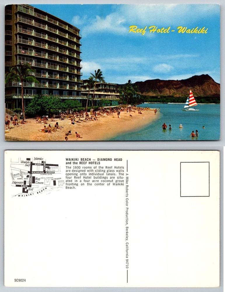 Waikiki Beach Reef Hotel Hawaii Postcard Vintage Chrome Diamond Head