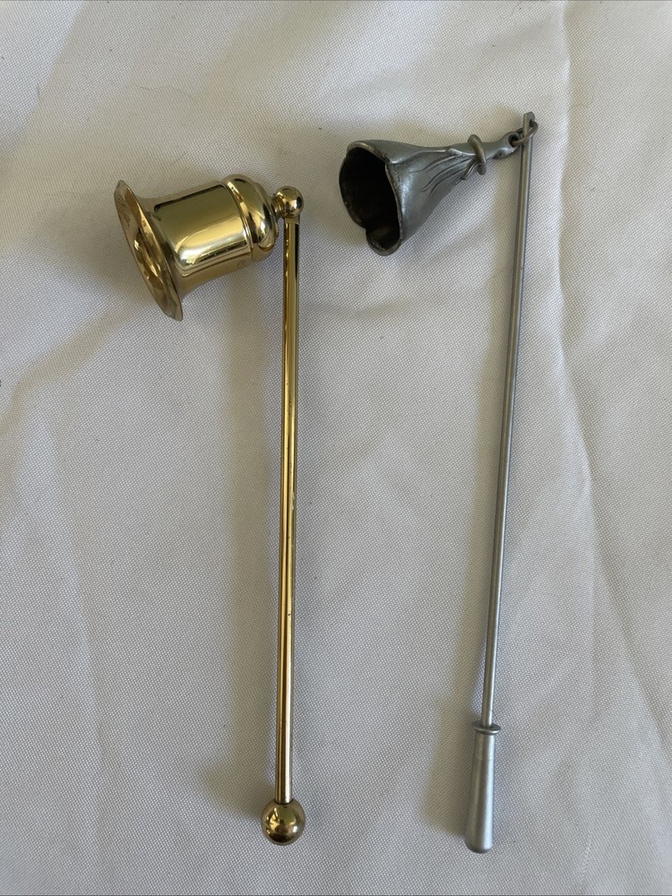 Lot of 2 Vintage Candle Snuffers, Brass Bell & Pewter Partylite Flower