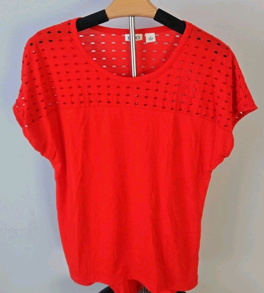Cato Womens Blouse Top Medium Red Sheer Polka Dot Short Sleeve Casual...