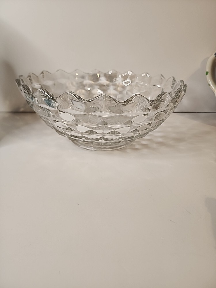 Vintage Fostoria AMERICAN Cubist Pattern 10” Clear Glass Bowl Dish Fruit