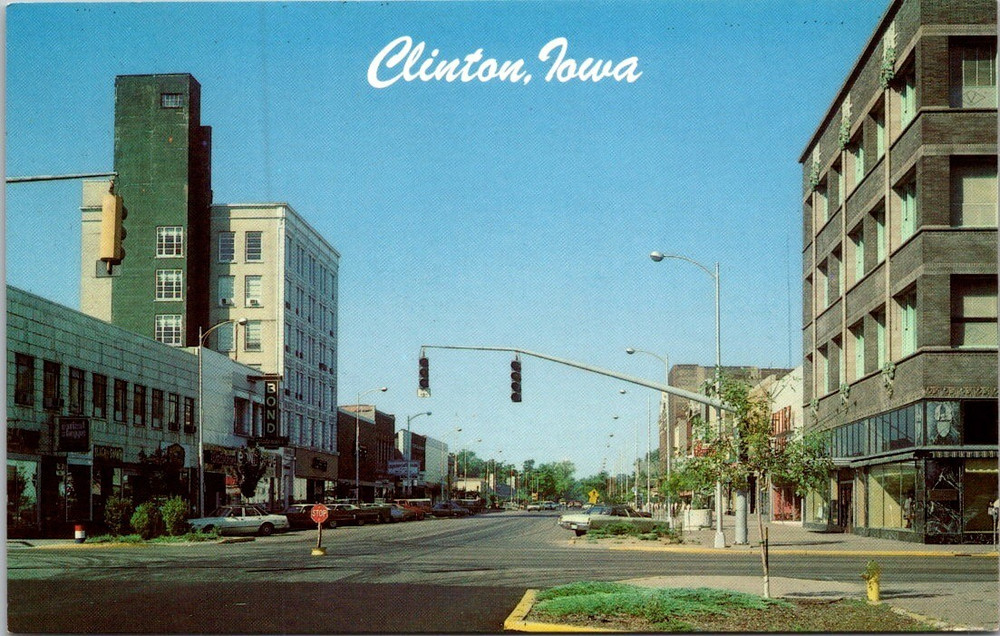 Clinton IA Iowa, South 5th Street View , Store Fronts Old Cars Postcard c1970s
