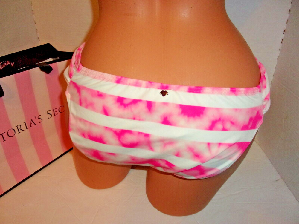 Victoria's Secret PINK~white & pink tie dye striped bikini bottom Lg