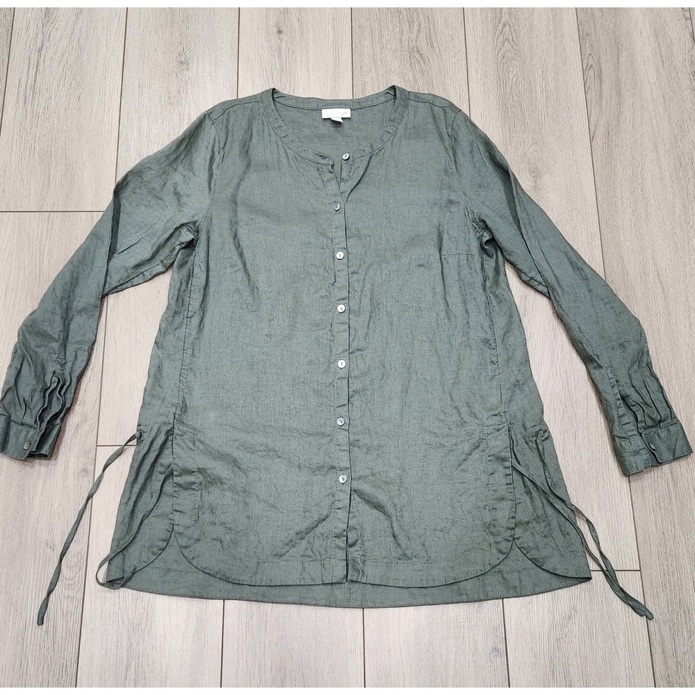JJill Love Linen 100% Linen Button Down Tunic Shirt Olive Green Women Size M