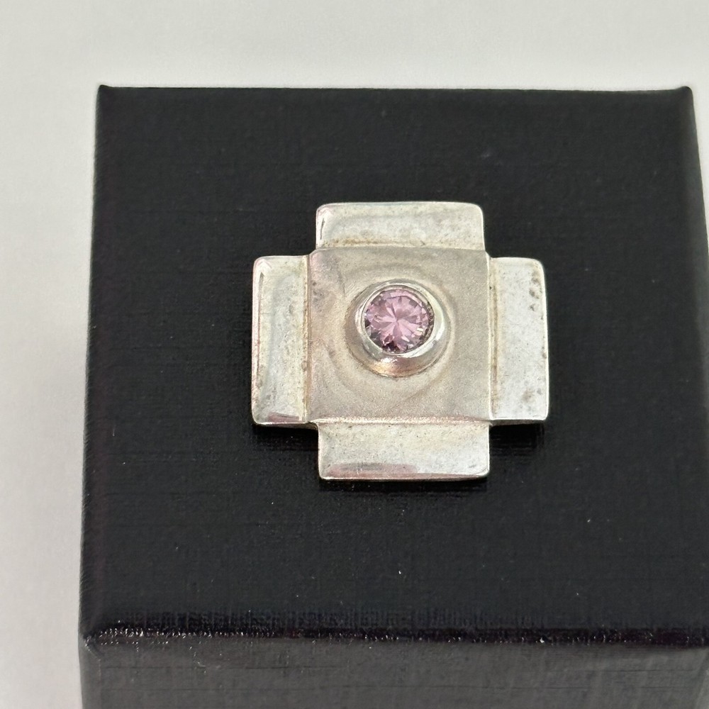 Vintage 925 Sterling Silver Pink CZ Cross Modernist Slide Pendant