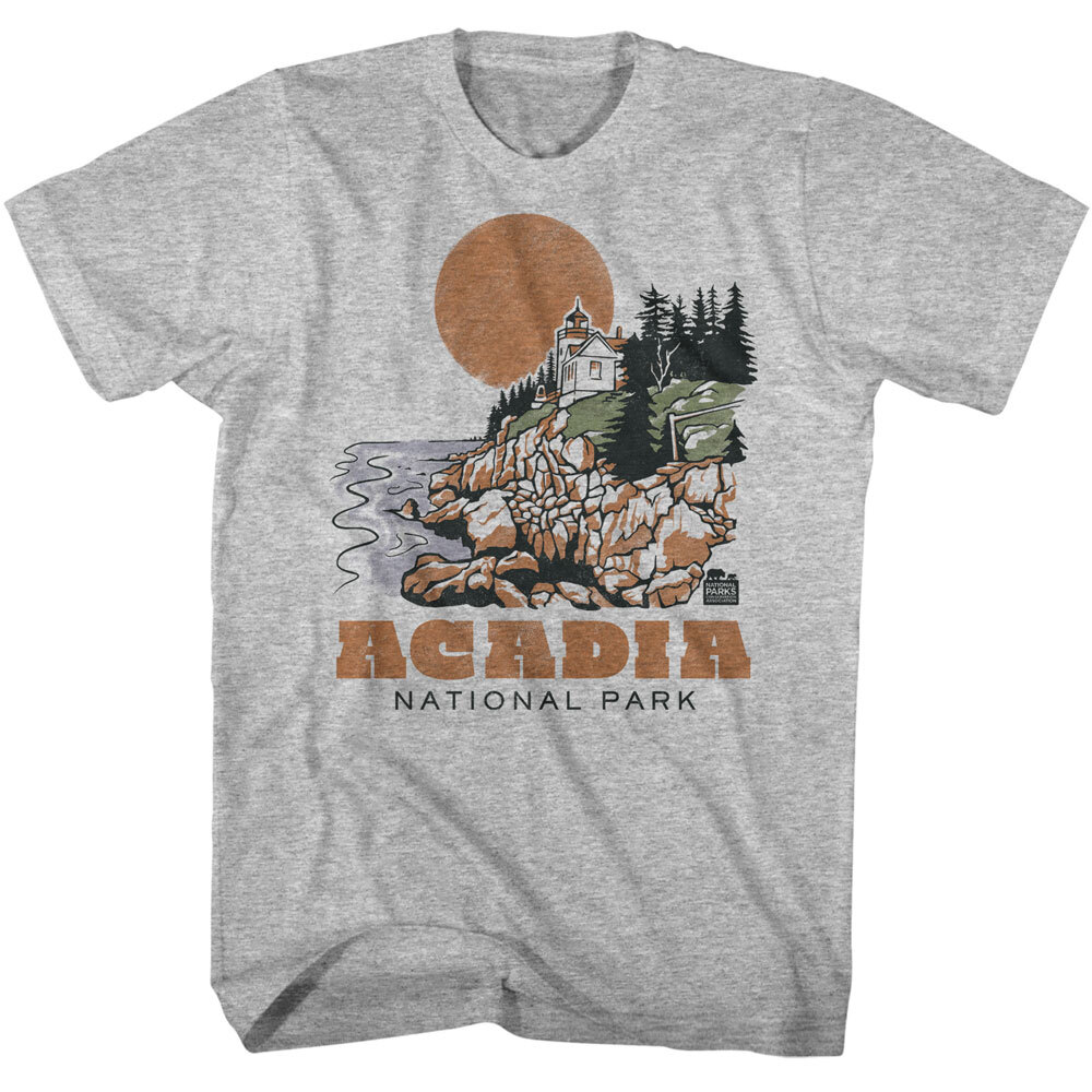 Acadia National Park Adult T-Shirt Maine Bass Harbor Lighthouse New Grey Heather-image