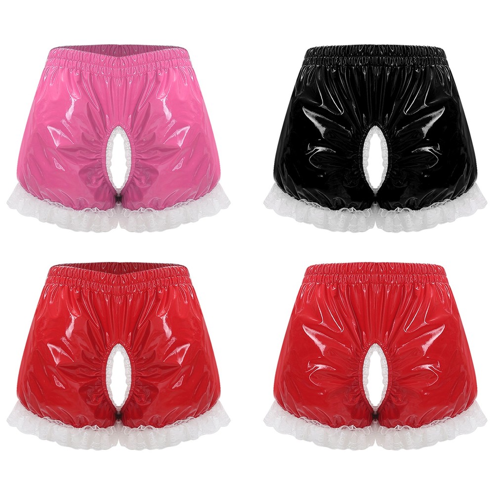 Womens PU Leather Crotchless Bloomers Trim Panties French Maid Lingerie Costume