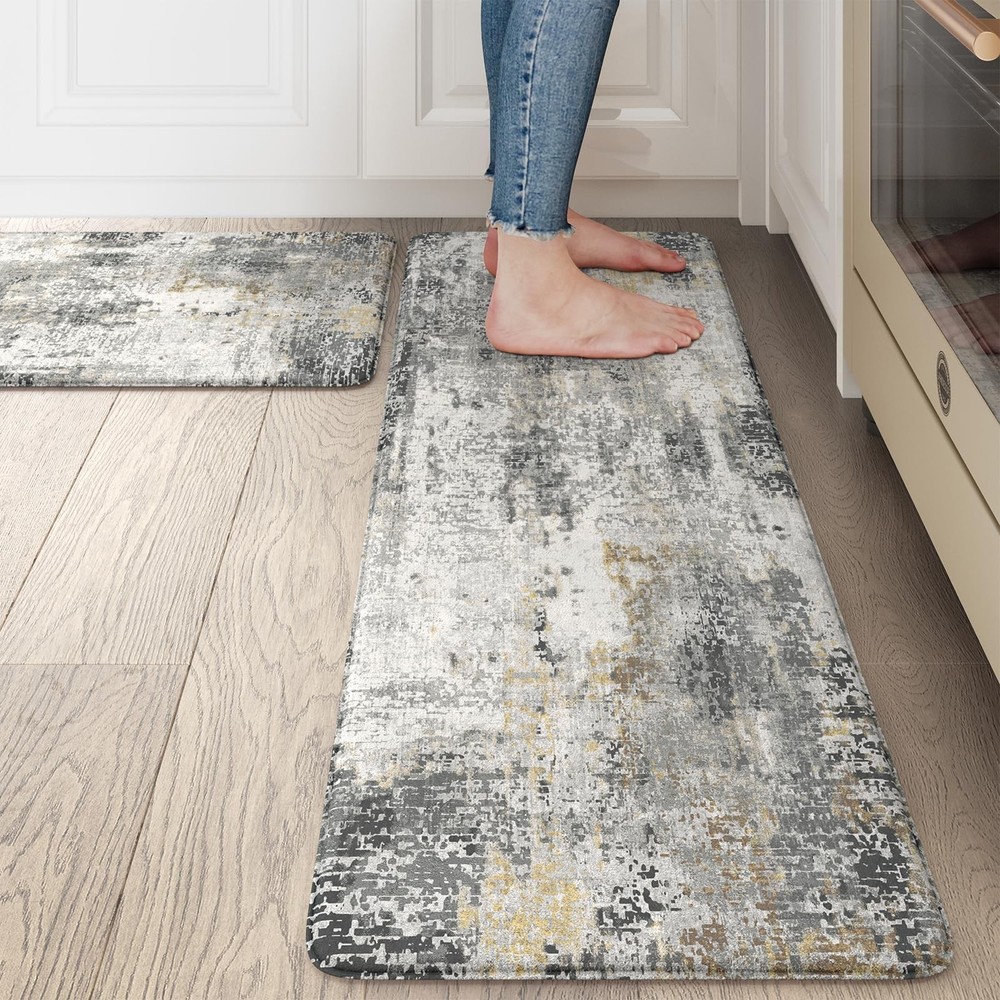 Non-slip cushioned anti-fatigue kitchen floor mat set 2pc grey memory foam