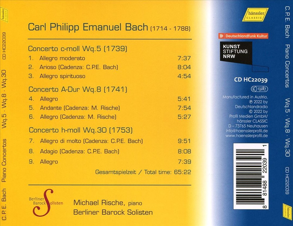 Michael Rische / Berliner Barock Solisten C.p.e. Bach: Piano Concertos Wq.5, Wq.