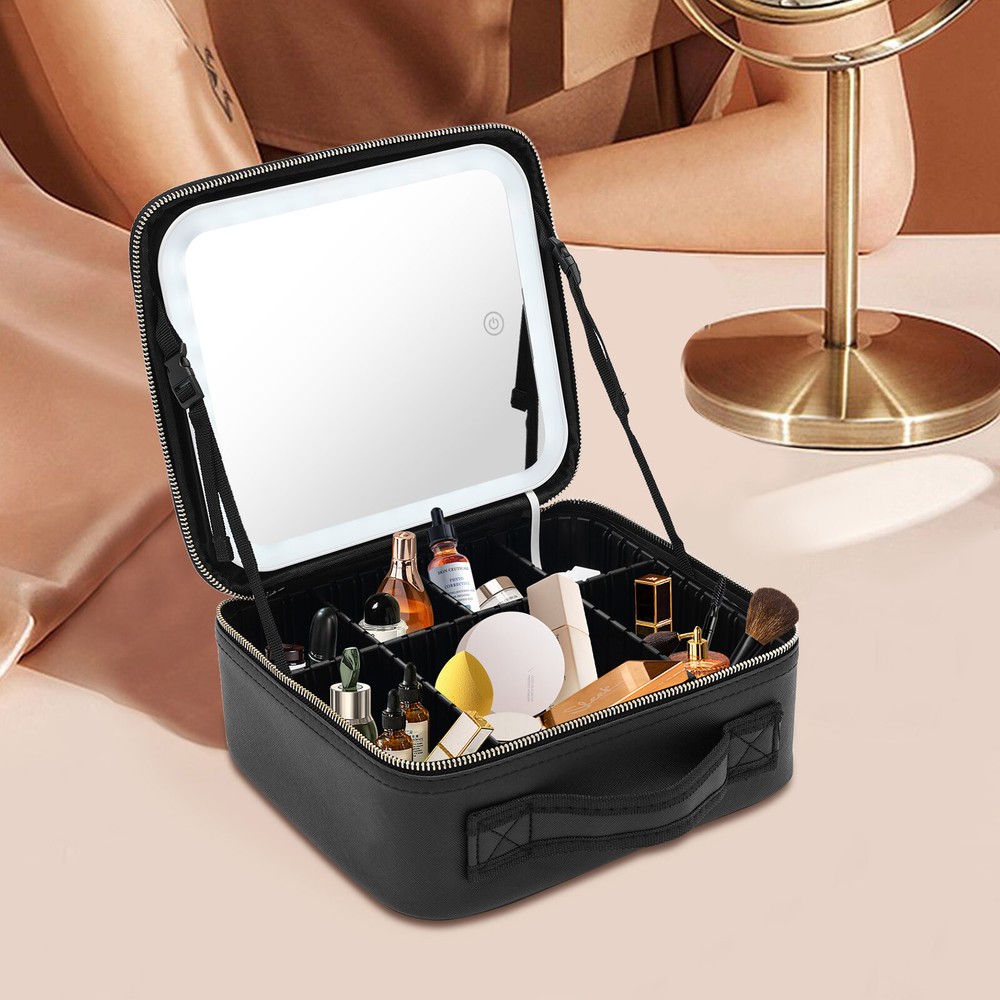 LED Makeup Organizer with 7 Dividers and 4K Mirror – Large Capacity Storage