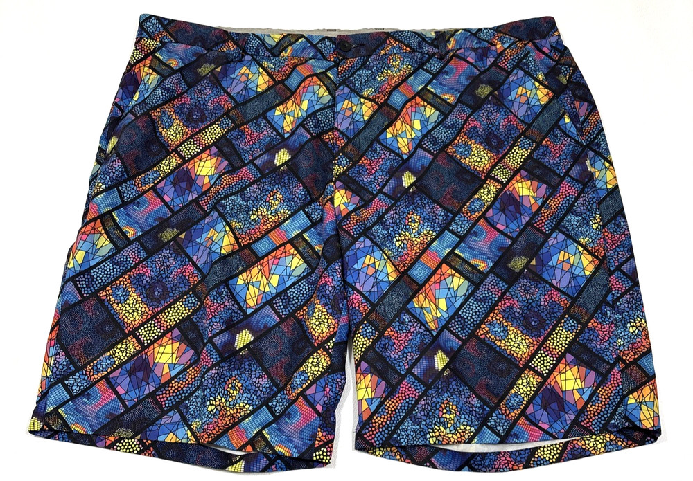 Hreski Flat Front Golf Shorts Mens 46 Multicolor Mosaic Kaleidoscope Art EUC