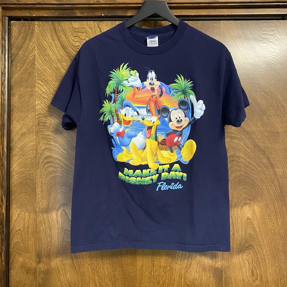Disney Unisex Blue Short Sleeve Shirt with Mickey Pluto Donald Goofy Florida Design