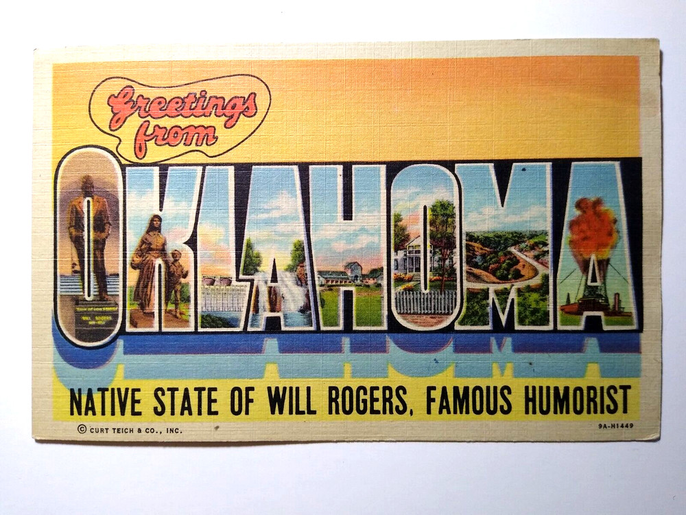 Greetings From Oklahoma Postcard Large Letter Curt Teich State Of Will Rogers