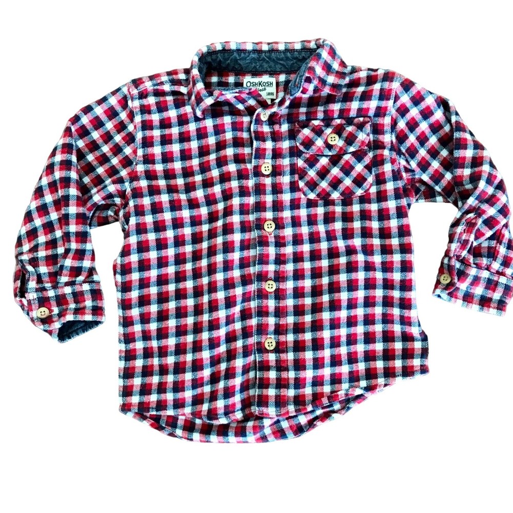 OshKosh B'Gosh Toddler Boy Red Plaid Button-Up Flannel Shirt. Size 3T. Unisex