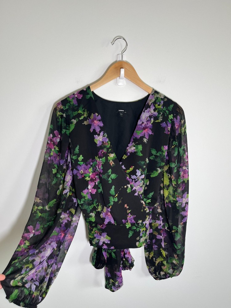 Express Dark Fairy Grunge Sheer Floral Flowy Tie Back Womens Top Black L