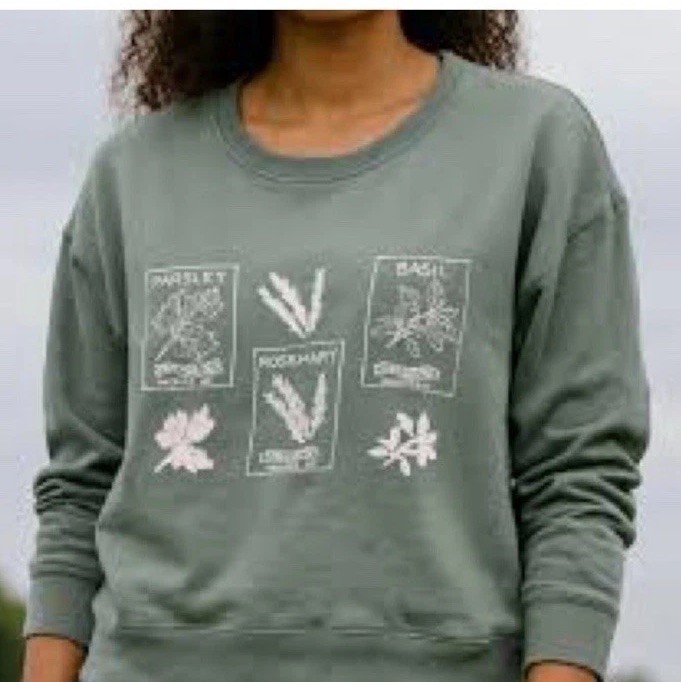 Pact Womens Organic Cotton Green Herb Graphic Crewneck Sweatshirt Size Small NWT