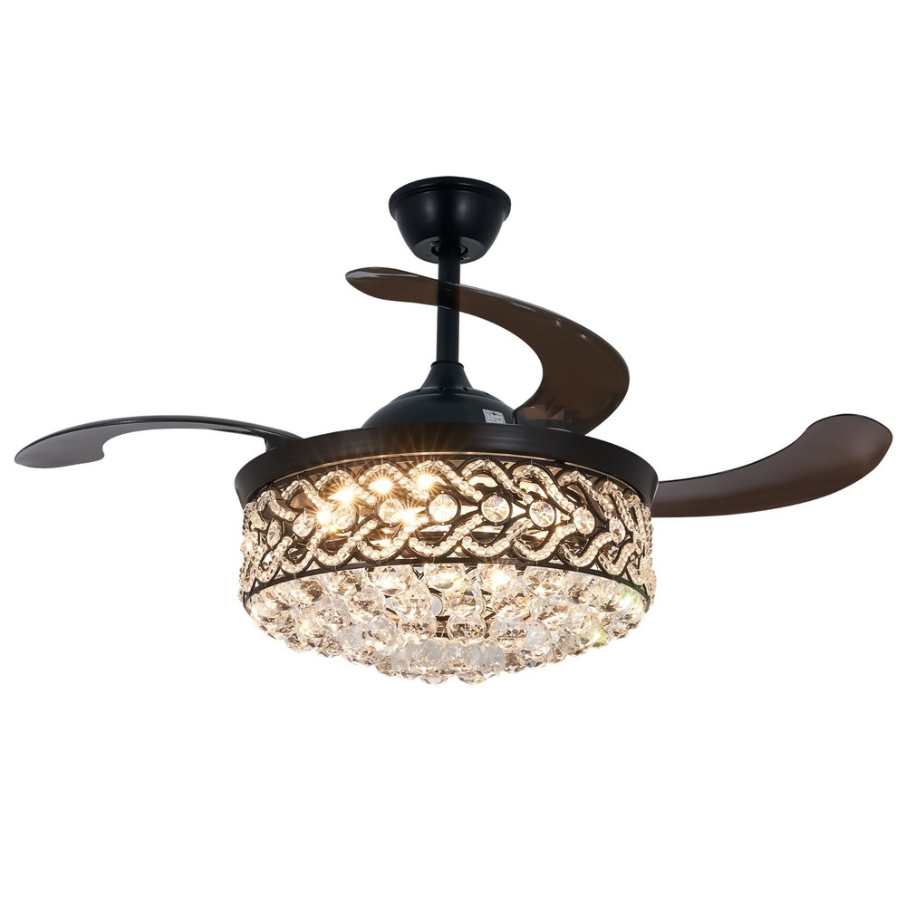 42-Inch Black Crystal Chandelier with LED 3-Color Light and Remote Retractable Ceiling Fan  