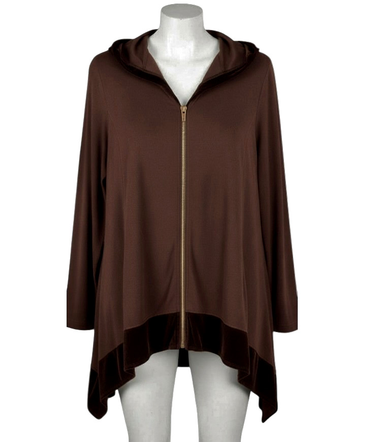 CHICO'S Zenergy Top BROWN KNIT JACKET Velvet Hoodie/Hem FULL ZIP Asymmetric M/1