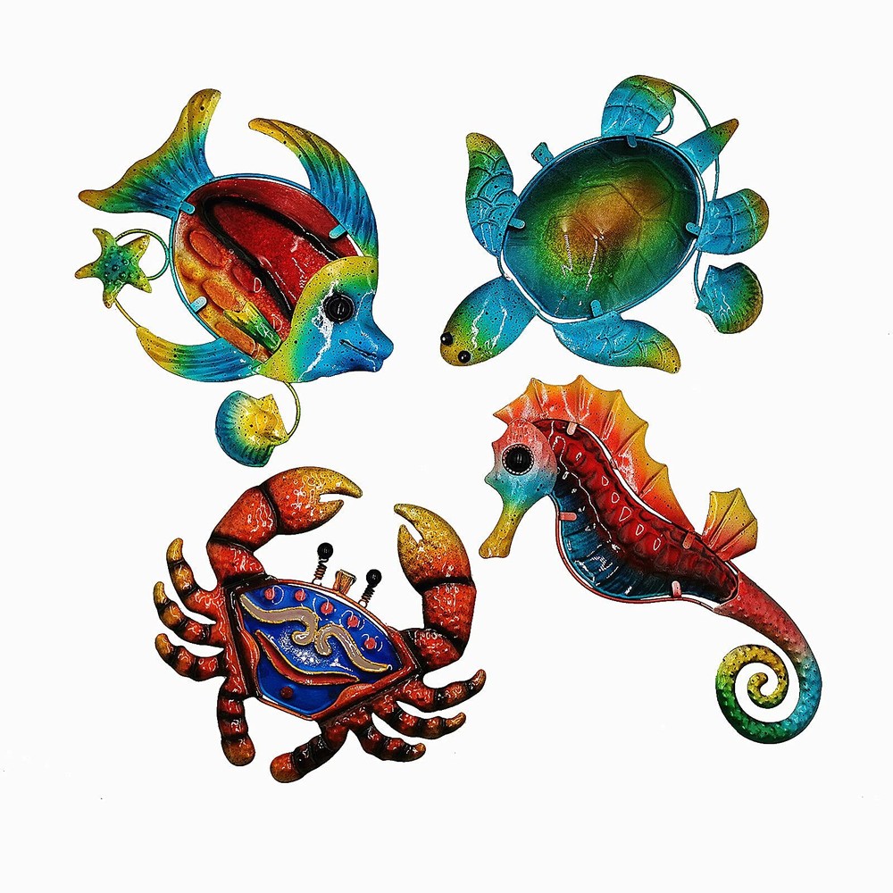 Metal Ocean Wall Sculptures, Set of 4 Colorful Metal Sea Turtle Fish Crab and...