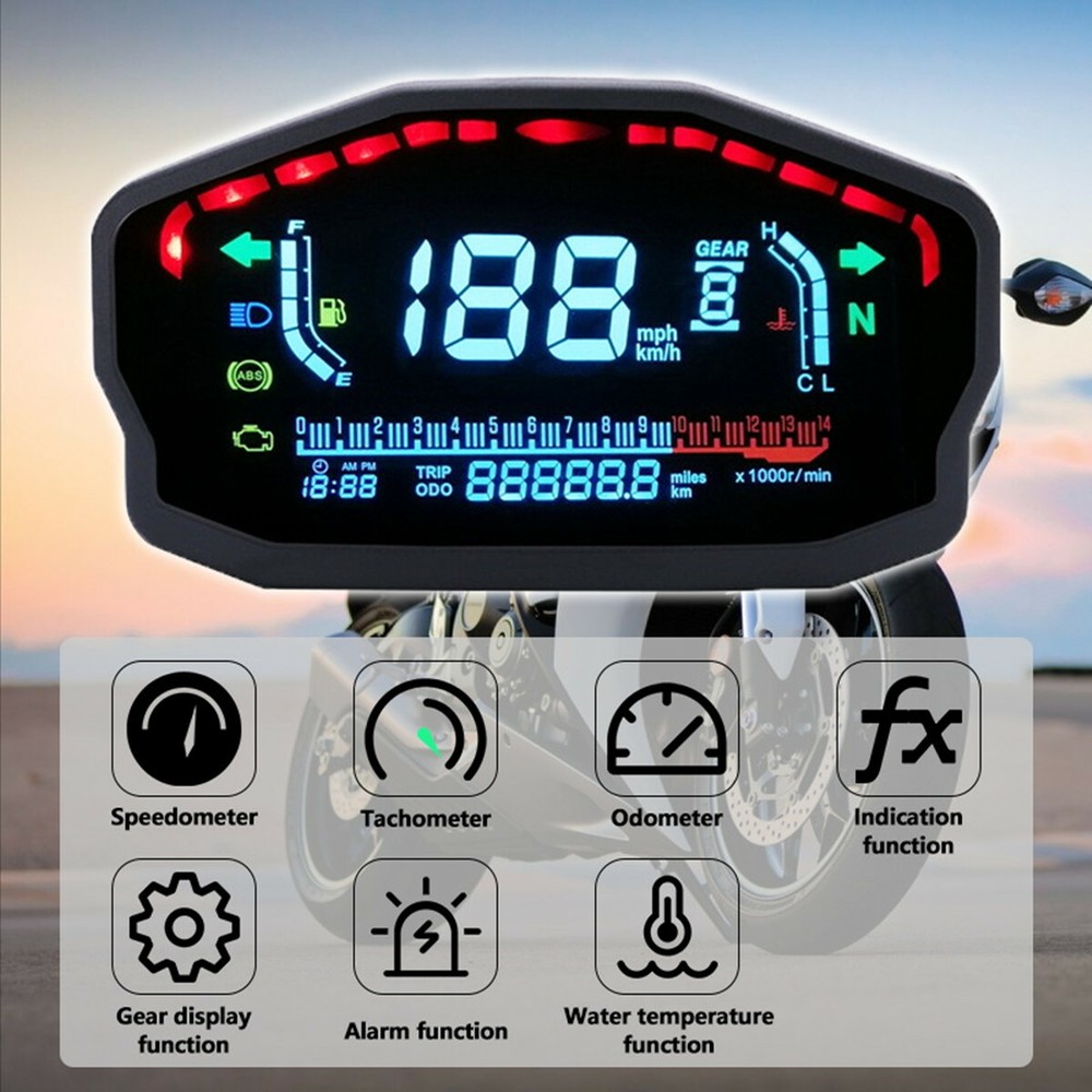 LCD Digital Motorcycle Speedometer Odometer Tachometer KM/H MPH Gauge Universal