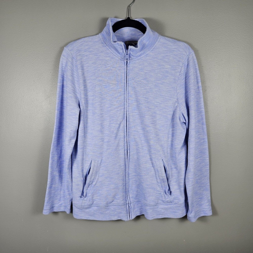 T By Talbots Knit Full Zip Sweater Women's Size L Blue Long Sleeve Mock Neck