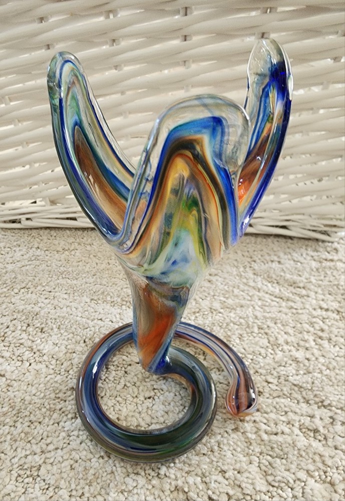 Hand Blown Swirl Art Glass Vase W/3 Fingers Orange Red Blue Green Yellow
