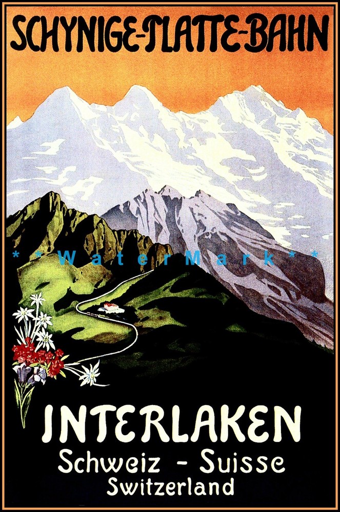 Vintage 1925 Interlaken Switzerland Bernese Oberland Lake Thun Poster