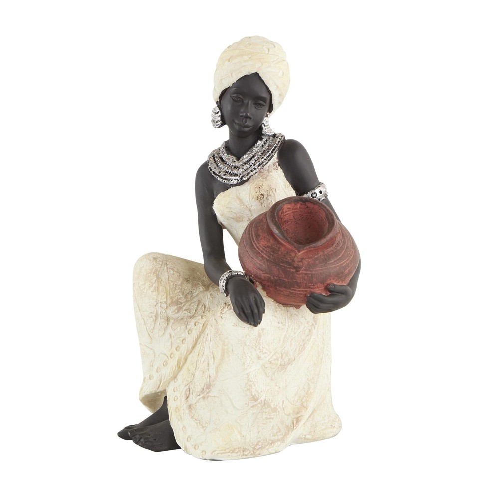 Polystone Woman Decorative Sculpture Sitting African Home Decor Statue with R...