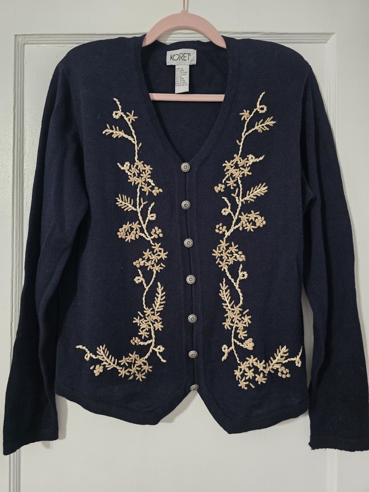 Vintage Koret Women's Size XL Navy Floral Embroidered Sweater Cardigan