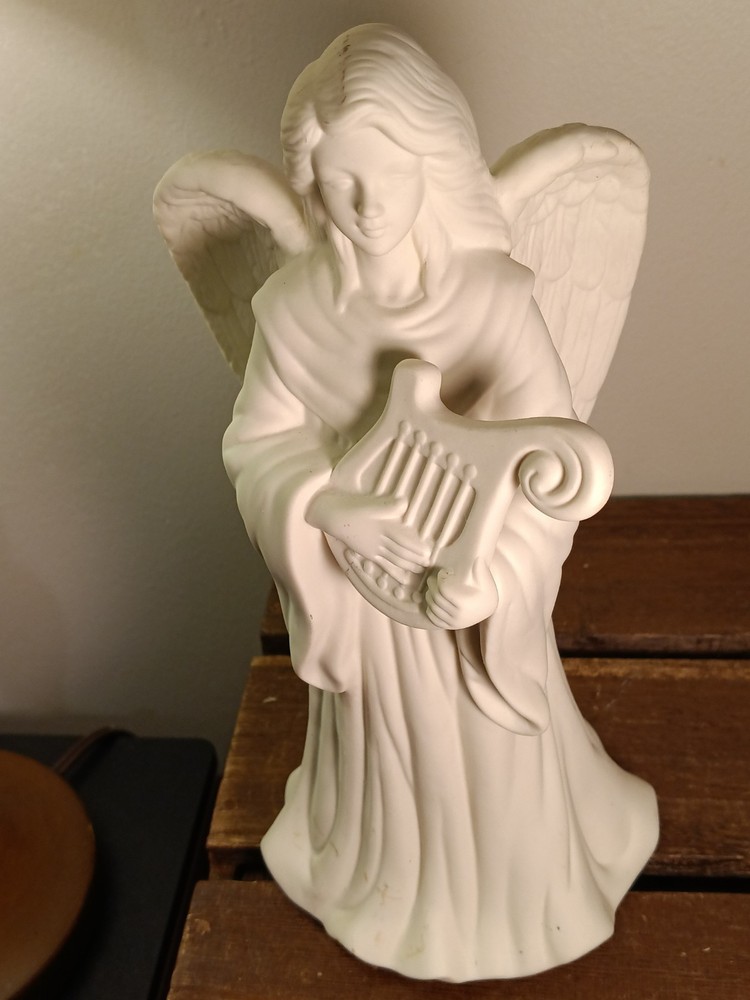 Vintage PartyLite Bisque Ceramic Angel Playing Harp Candle Holder, Taper