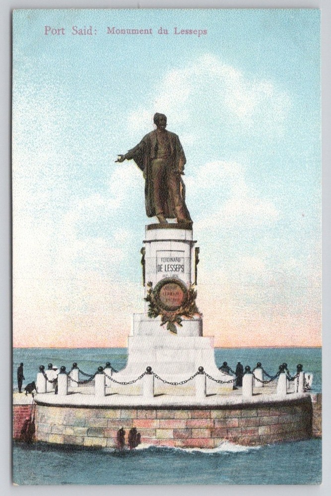 Port Said Egypt Lesseps Monument Statue Postcard Lichtenstern & Harari