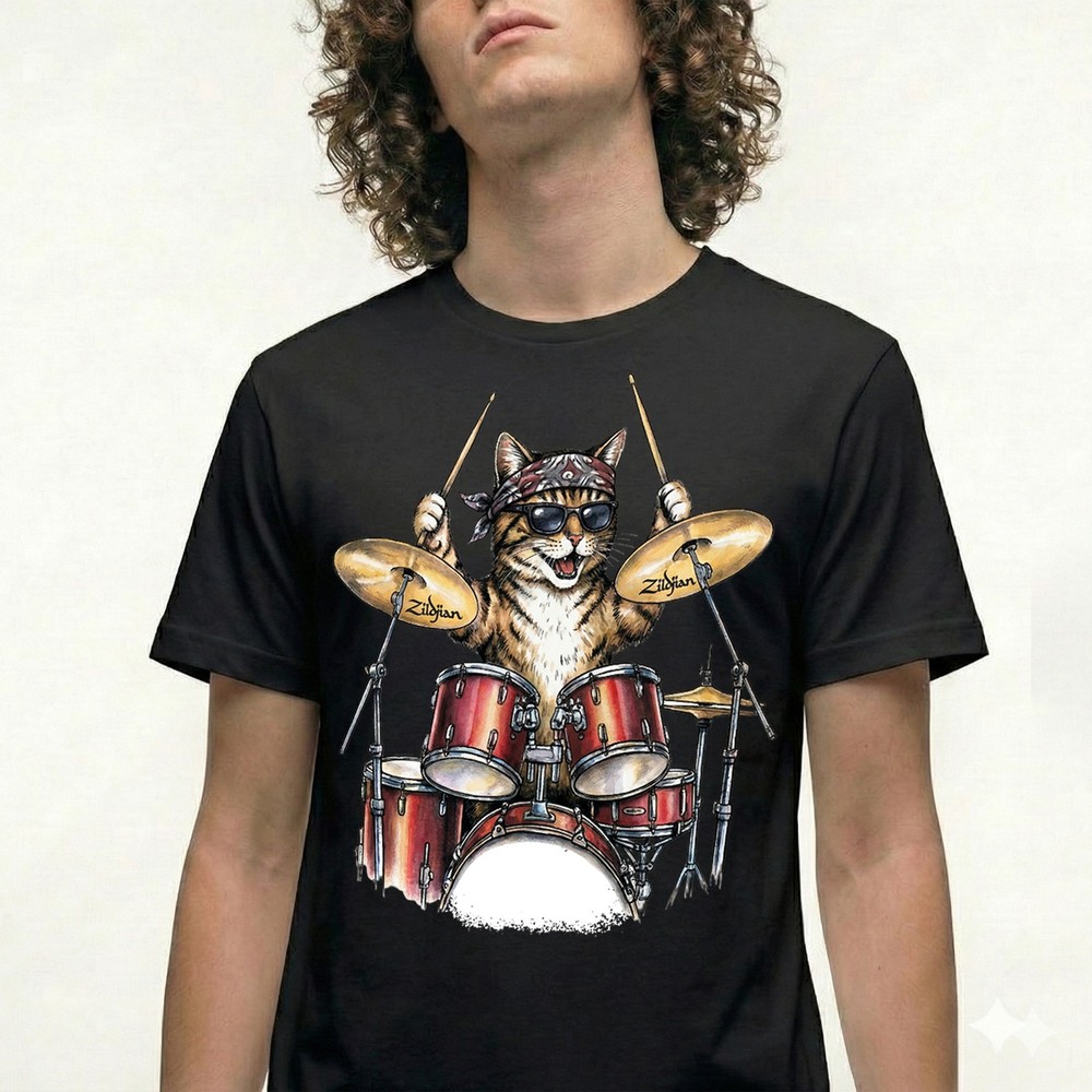 Cat Drummer T-Shirt Funny Music Rock Band Tee Vintage Retro Gift Tee
