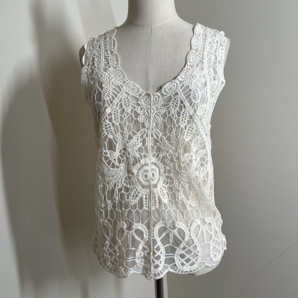 Flying Tomato Women’s Ivory Lace-SZ M-Sleeveless V-Neck Top