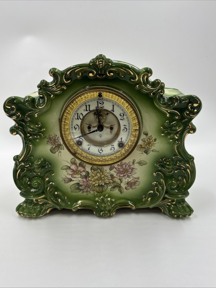 Antique Ansonia 'Rustic' Mantle Clock Victorian Porcelain Green Floral 11''