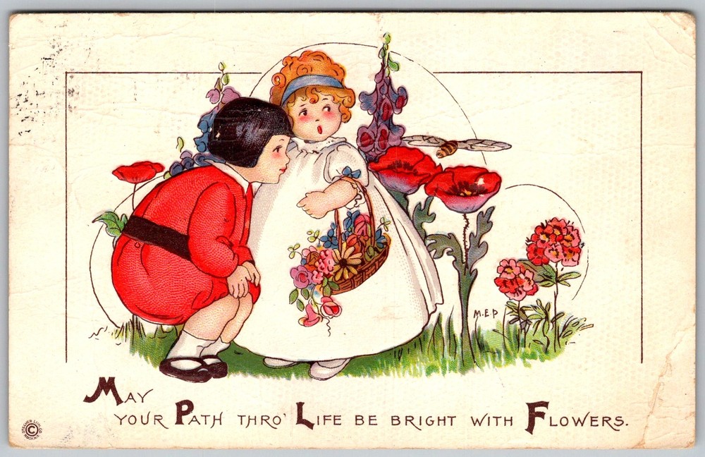Antique Postcard Children Flower Basket Edina, MO 1910s