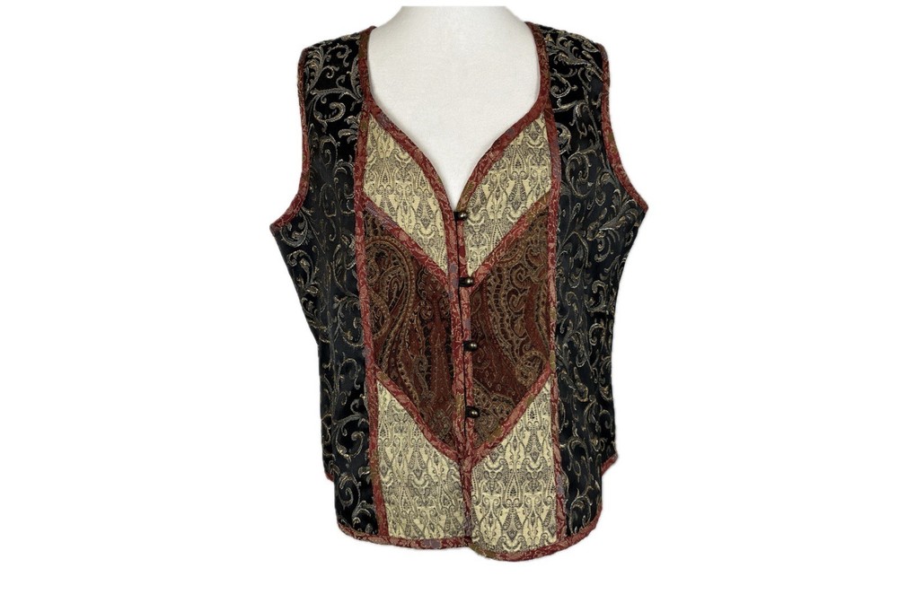 Vintage White Stag Womens Vest Size L Patchwork Brocade Art to Wear Boho 90s