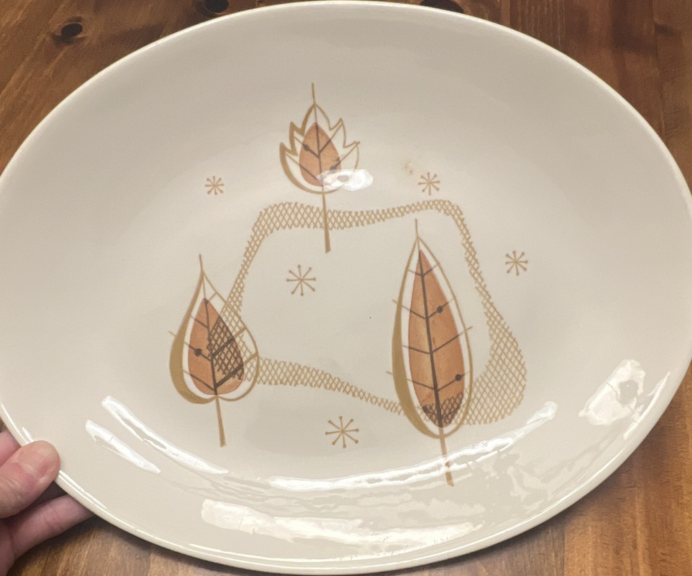 Unmarked Oval Ceramic Platter White & Brown Leaf Pattern Glossy Decorative