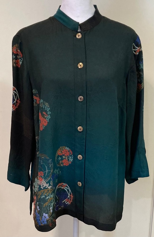 Citron Santa Monica Asian Floral Motif Silk Blouse/Tunic, Dark Green, Size M