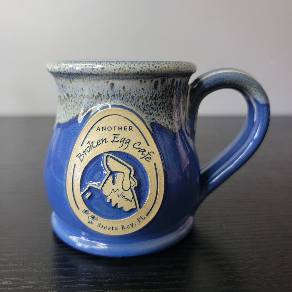 DENEEN POTTERY Coffee Cup Mug Blue Drip Another Broken Egg Cafe