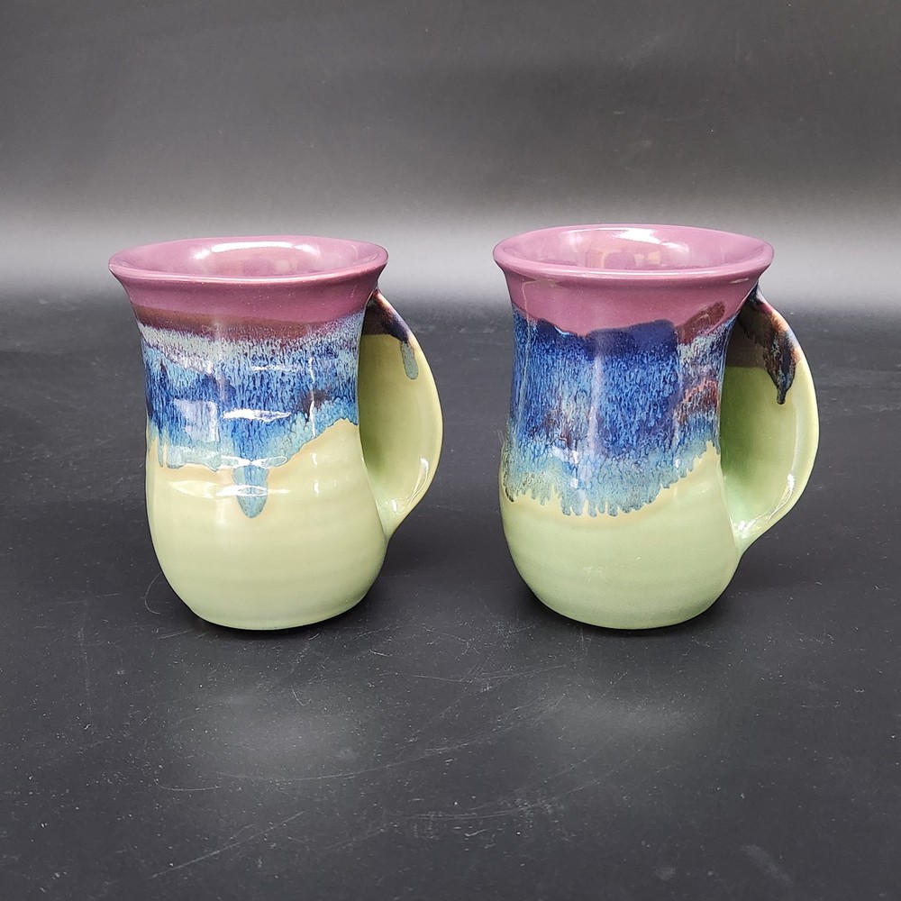 Set of 2 Neher Pottery Hand Made Right Handed Hand Warmer Mug Decorative READ