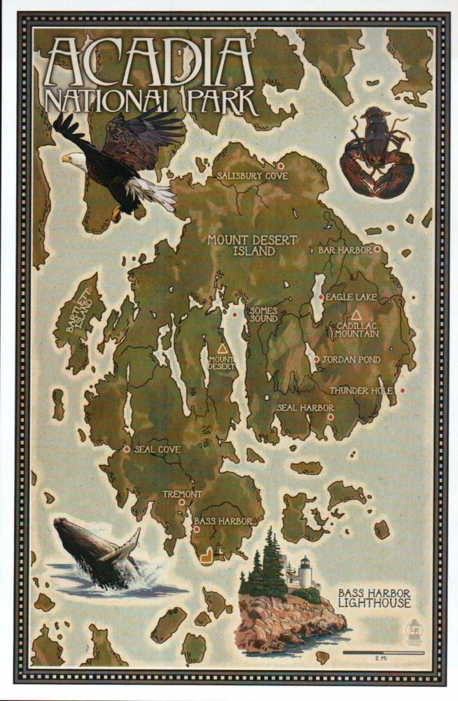Acadia National Park Maine ME Whale Eagle Lighthouse Lobster Modern Map Postcard-image