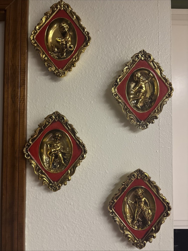 Set Of 4 Vintage Hollywood Regency Ardco - Red & Gold Cherub Wall Plaques