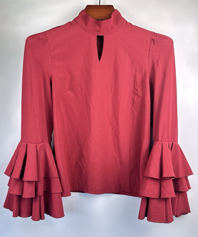 Boho Bell Sleeve Blouse in Red Burgundy - Women Women's Size S Office Wear